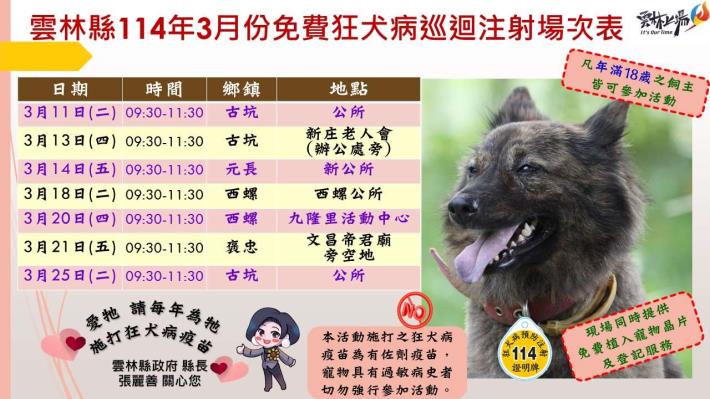 雲林縣114年3月份狂犬病巡迴預防注射活動