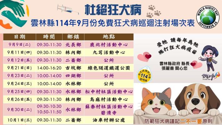 114年9月份狂犬病巡迴預防注射活動