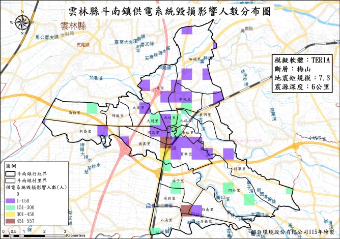 6.梅山斷層-雲林縣斗南鎮供電系統毀損影響人數分布圖