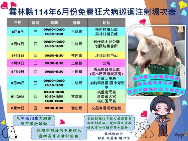 檢送雲林縣政府114年度6月份狂犬病巡迴預防注射活動場次表，歡迎多加利用共同保護自家毛小孩。