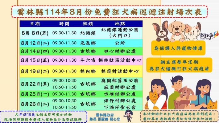 檢送雲林縣政府114年度8月份狂犬病巡迴預防注射活動場次表，歡迎多加利用共同保護自家毛小孩。