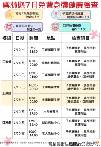 7月份社區免費健康檢查活動場次出來囉~