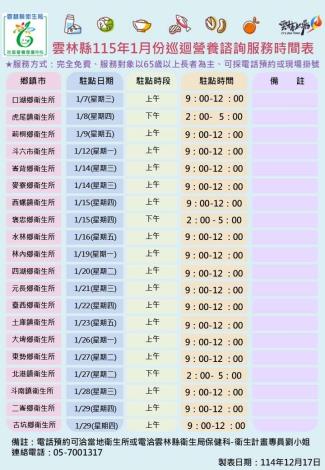 115年1月各鄉鎮市巡迴營養諮詢服務時間表