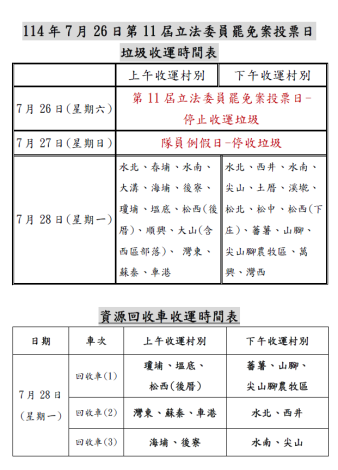 7月26日投票日垃圾收運時間表