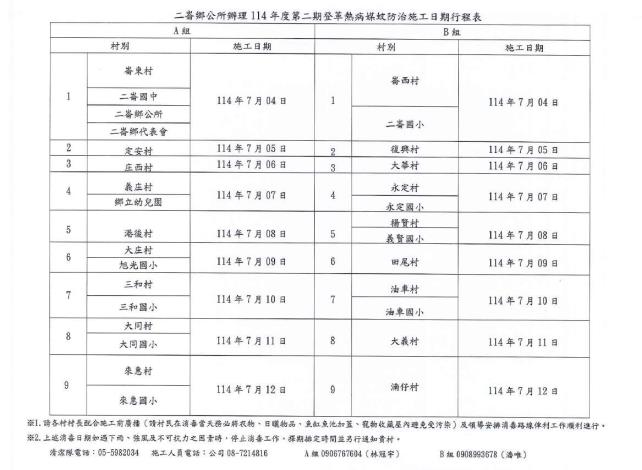 第二期登革熱病媒蚊防治施工日期行程表